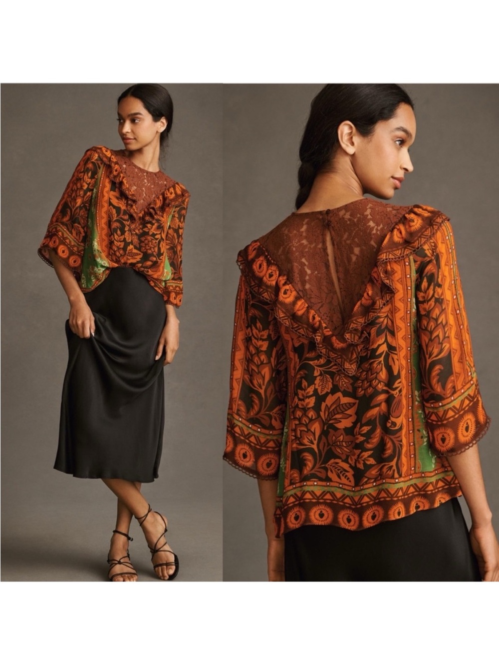 Farm Rio  Boho Orange Floral Lace Top